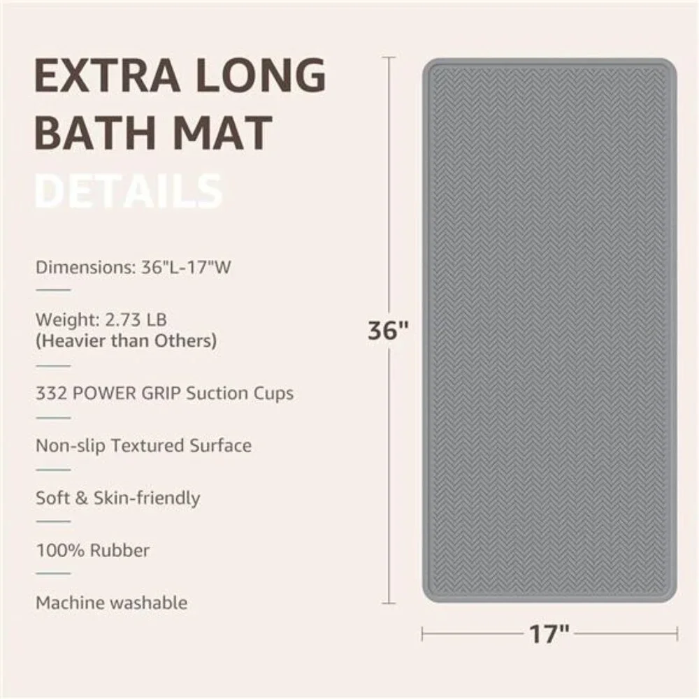 Non Slip Bathtub Mat Extra Long Rubber Shower Mat 332 Suction Cups Grey 36x17